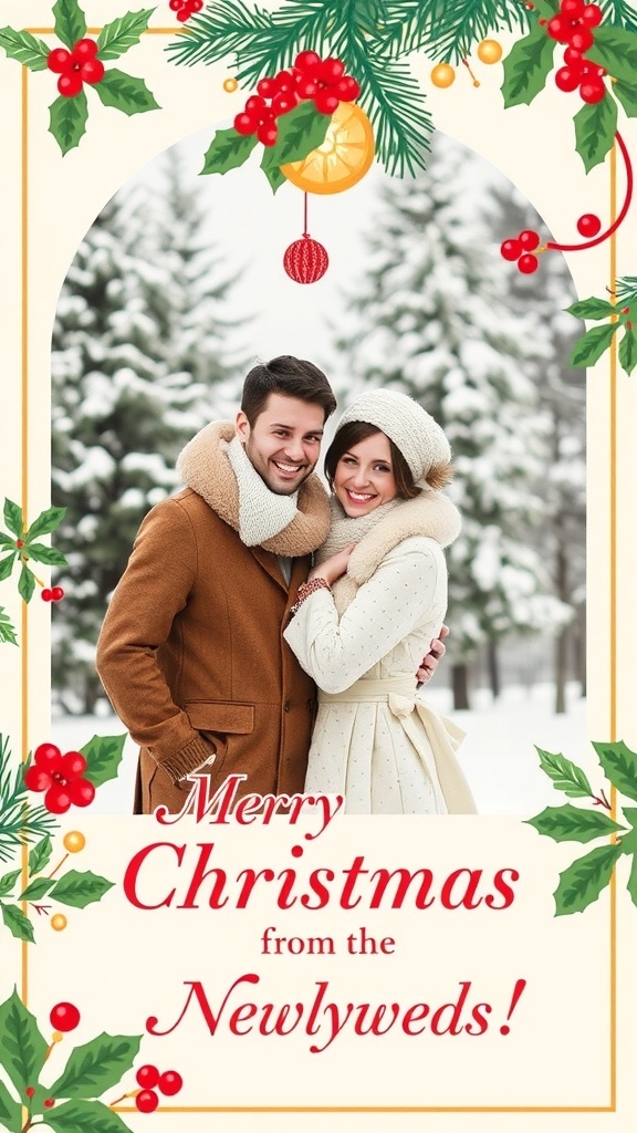 Creative Christmas Card Ideas for Newlyweds A festive Christmas card showcasing a newlywed couple with holiday decorations.